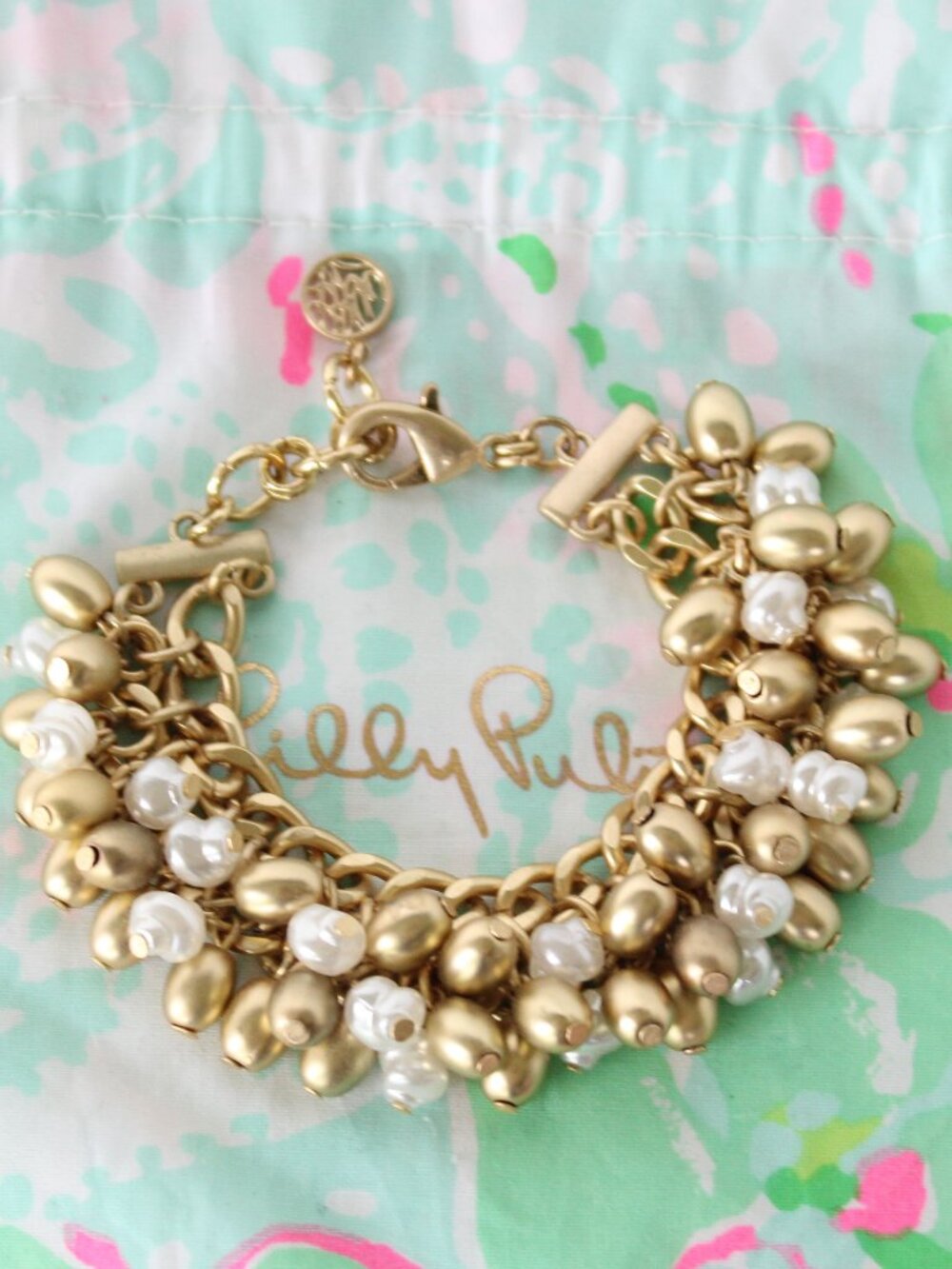 Lilly Pulitzer Cha Cha Gold White Pearl Cluster dangle charm dress Bracelet